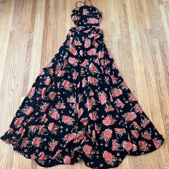 Reformation Black and Red/Orange Floral Cutout Open Back Halter Style Maxi Dress - Picture 4 of 6